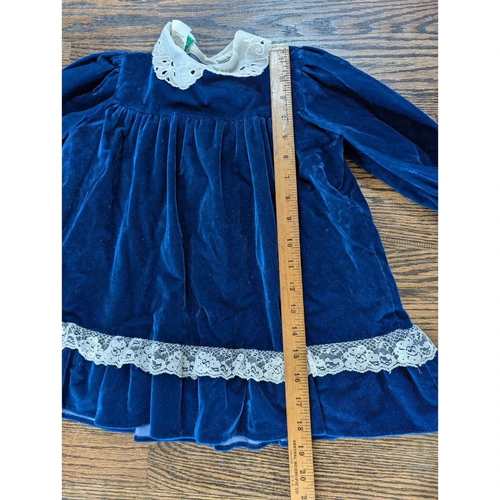 Girl's Vintage Blue Velour Velvet & Lace Made In USA Party Dress Size 4T